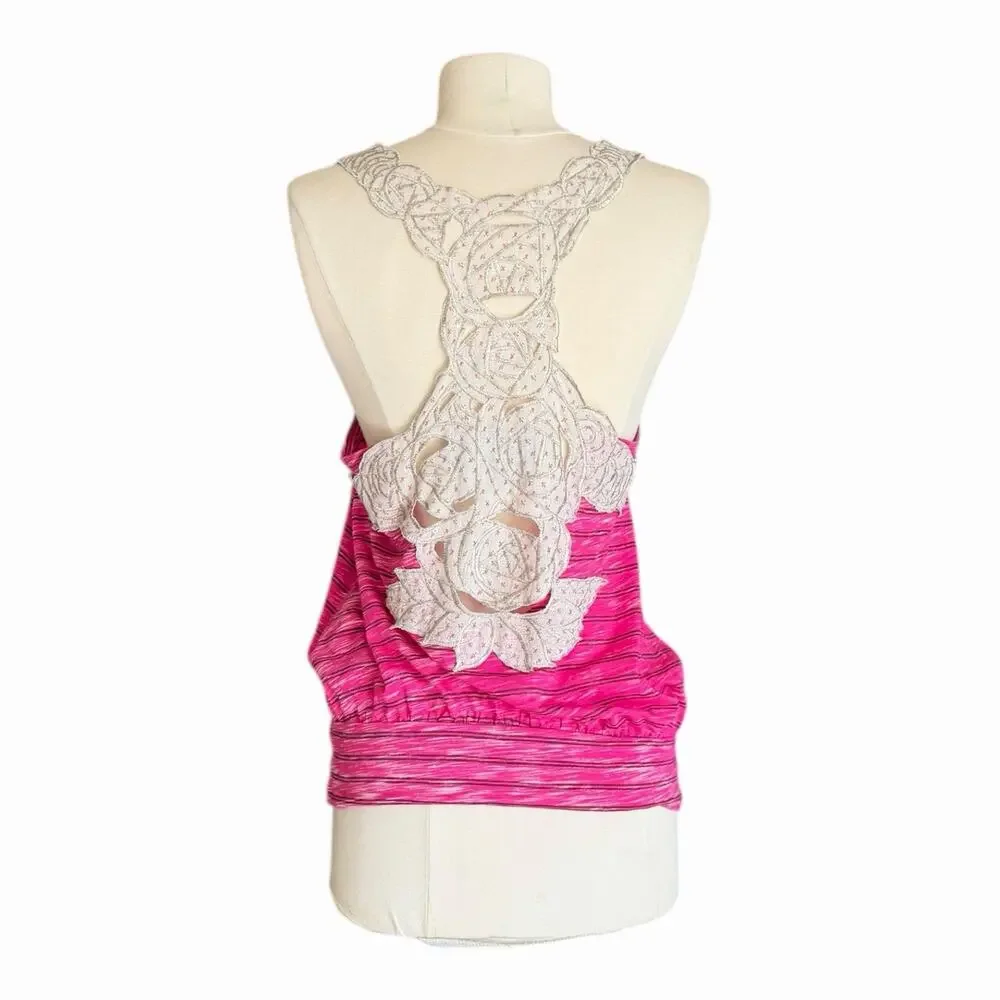 Vintage Free People Pink Stripe Lace Racerback Tank Size Small Feminine Boho